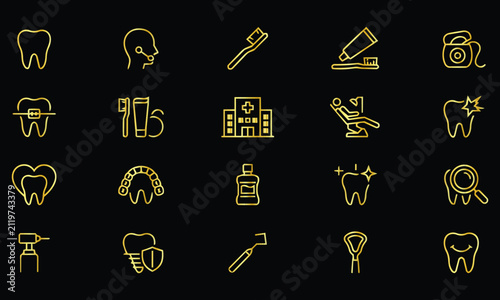Golden thin line dental care icon set with tooth mouthwash dental drill clinic building and magnifying glass on black background