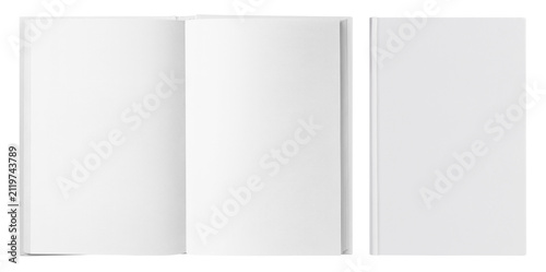 Obraz na płótnie Open book pages and blank hardcover book cover mockup set, isolated on transpare