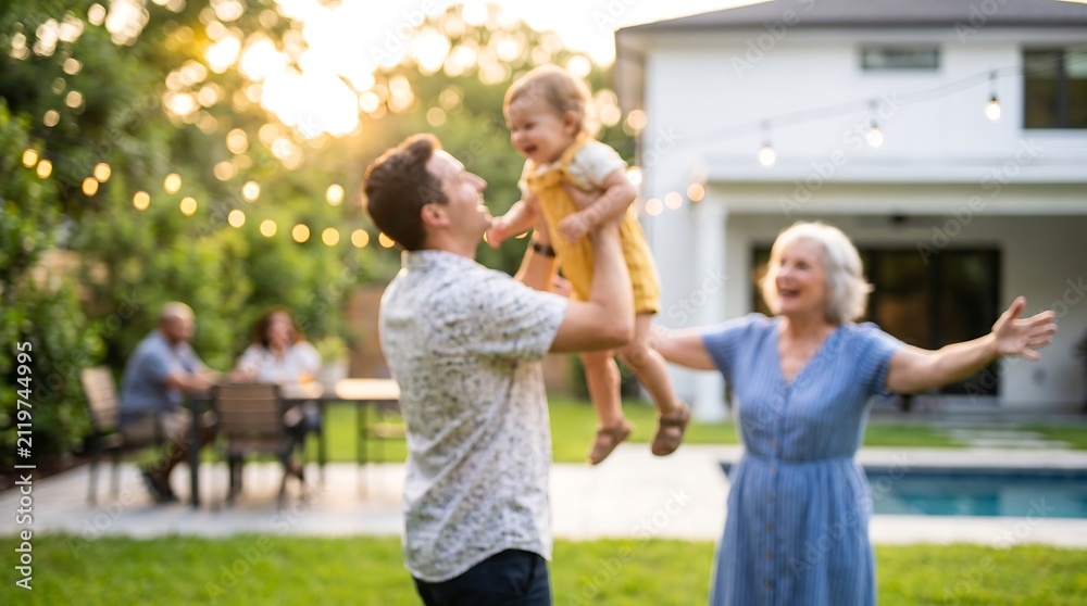 Fototapeta premium Blurred family celebration in backyard at sunset with father lifting toddler high in the air while grandmother watches with open arms creating joyful atmosphere of love and unity