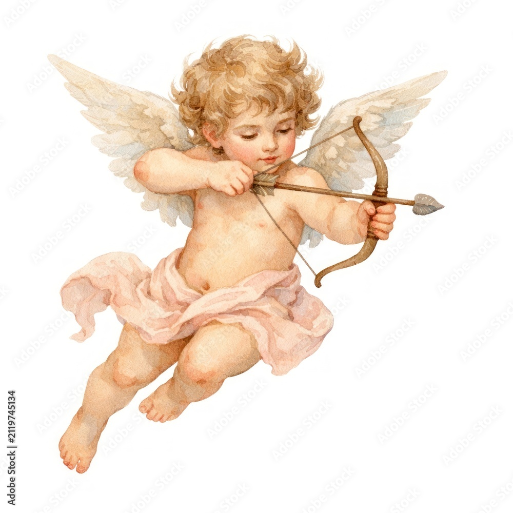 Fototapeta premium Illustration of a cherubic angel with wings and a bow and arrow.