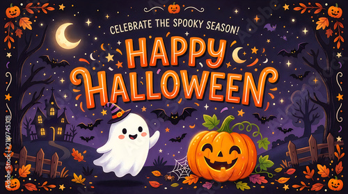 Happy halloween greeting with cute ghost and pumpkin