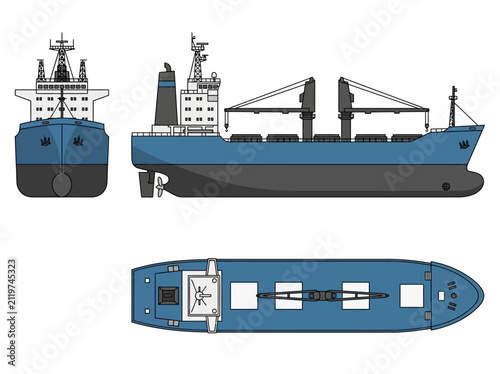 Cargo ship vector illustration with front, side, and top views for logistics and maritime design.