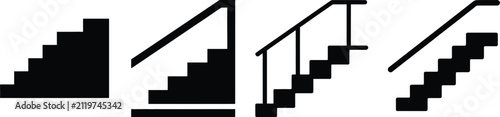 House stairs silhouette icon set featuring black vector symbols for home interiors, staircases, architecture, building navigation, and residential design applications