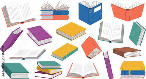Set of books vector illustrations featuring colorful open textbooks stacked literature and hardback covers for education and librarySet of books vector illustrations featuring colorful open textbooks