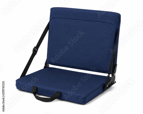 Blue folding stadium seat cushion with padded backrest, adjustable straps, metal hinge brackets, carry handle, textured fabric, isolated on white background for comfort and portable support