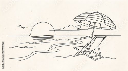 Continuous line drawing of a beach chair and umbrella at sunset