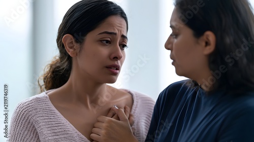 A woman appears distressed while another person gently holds her hand near her chest in a softly lit indoor setting