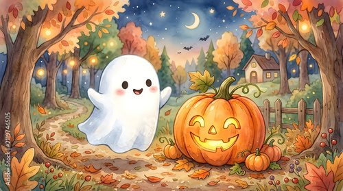 Cute little ghost and pumpkin in a spooky autumn forest