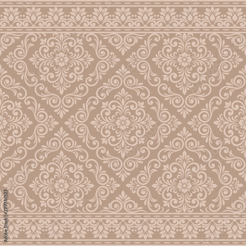 Luxury taupe damask seamless pattern background with top and bottom ornamental border, vector for classic vintage damask wallpaper, wedding frame, and elegant textile print.