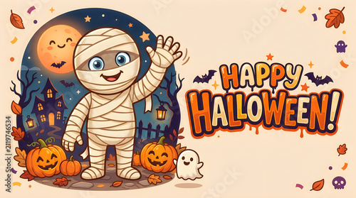 Cute mummy character saying happy halloween