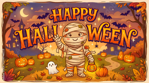 Happy halloween greeting with cute mummy and little ghost