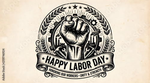 Happy labor day emblem with raised fist and factory gear