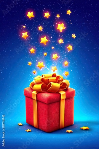 Gift box opening with glowing stars and magical festive light effects. Ai Generative
