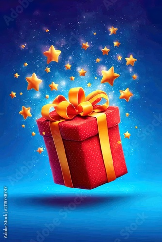 Gift box opening with glowing stars and magical festive light effects. Ai Generative