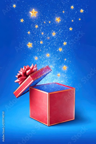 Gift box opening with glowing stars and magical festive light effects. Ai Generative