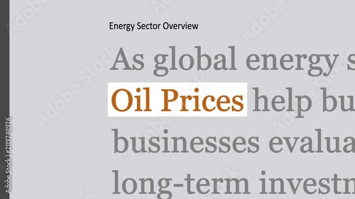 Oil Prices featured across changing news headlines and financial articles. Dynamic business media background with different text layouts for finance, energy, economy and digital news content.