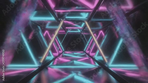 Flying Through Glowing Neon Geometric Triangle Tunnel in Cyberpunk Style