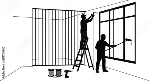 Home renovation silhouette vector, construction workers painting and installing windows, interior remodeling and house improvement service illustration