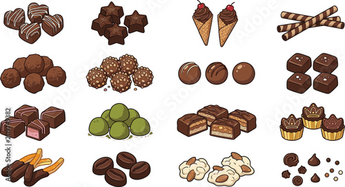 Gourmet Chocolate Candy and Luxury Confectionery Element Set with Matcha Truffles, Star Pralines, Wafer Rolls, Heart Bonbons, Roasted Coffee Beans, and Nut Clusters Vectors