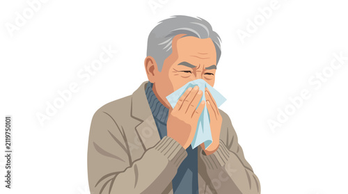 Asian Senior Male Holding Blue Tissue While Coughing