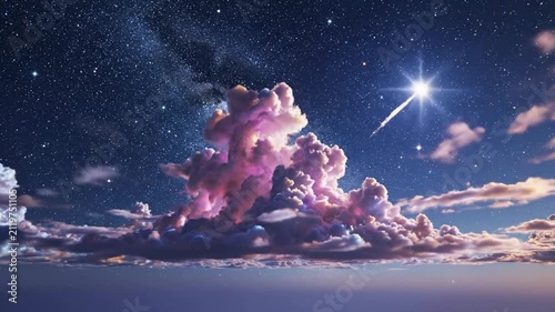 Dreamy Shooting Star Streaking Through Pink Cloud Formation in Starry Night Sky