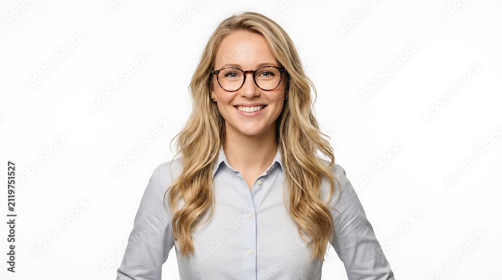 Fototapeta premium Smiling young woman with glasses wearing a grey shirt