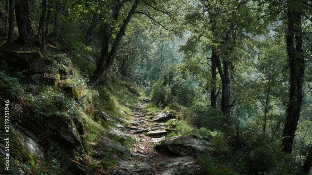 Fototapeta premium Scenic hiking trail winding through a lush, green, sun-dappled forest.