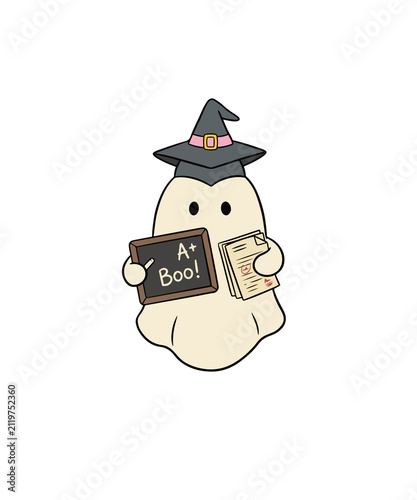 Obraz na płótnie Cute Halloween Ghost Teacher Illustration, Spooky School Spirit Character with C