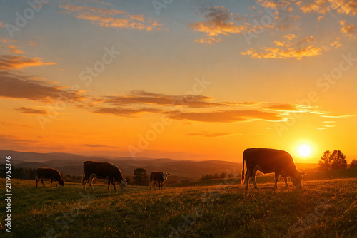 Herd of cows at sunset on hill, pastoral serenity concept