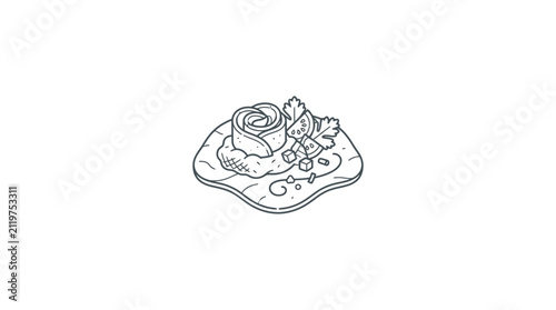 Minimalist line art illustration of meat and vegetable flatbread wrap