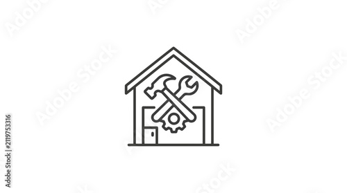Minimalist house repair icon with hammer wrench and gear