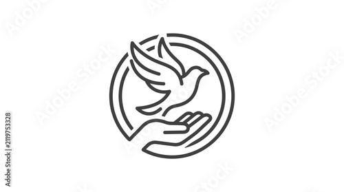Minimalist line art bird flying from human hand circular icon