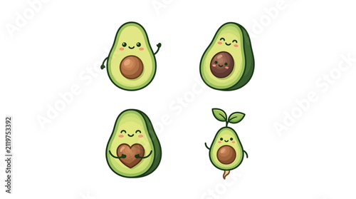 Set of Cute Kawaii Avocado Characters with Happy Expressions and Heart