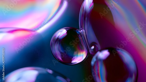 Glossy liquid spheres reflect vibrant rainbow hues against a smooth gradient background with iridescent highlights