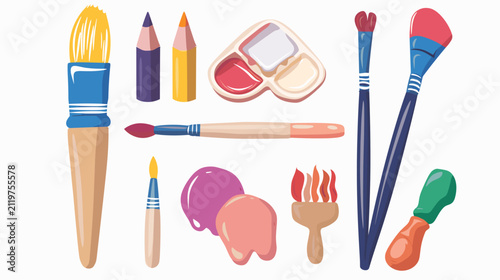 Colorful Media Art Supplies With Brushes Pencils Palette And Paint Splatters On White Background