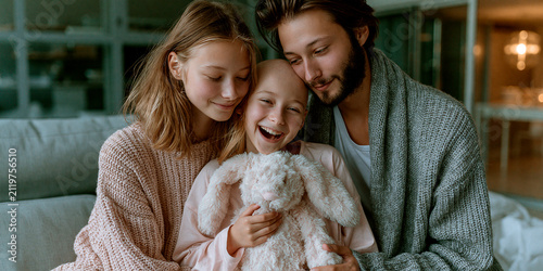A heartwarming scene of a father embracing his two daughters, one of whom is holding a plush rabbit. The family shares a moment of love and joy, with the father gently nuzzling his daughter's head.