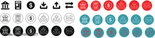 Banking icons vector set with finance bank building ATM machine dollar coin cash deposit download upload money transfer exchange transaction flat graphics symbols collection for web