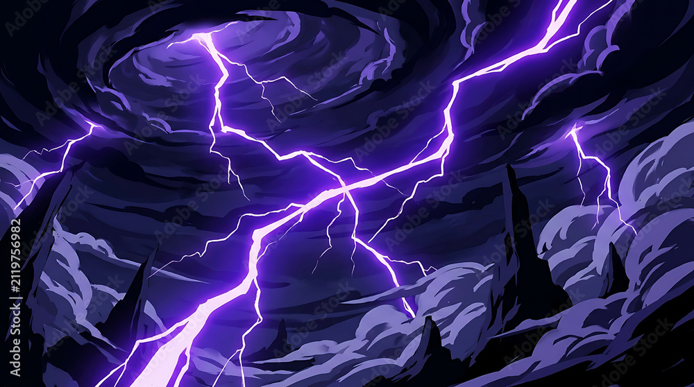 Obraz premium Anime style purple lightning storm. Dark clouds with electric bolts in a fantasy sky.