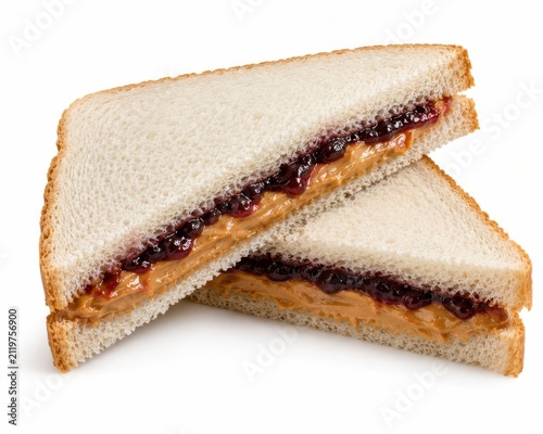 Classic peanut butter and jelly sandwich cut diagonally. Homemade lunch snack with creamy filling on white bread slices.