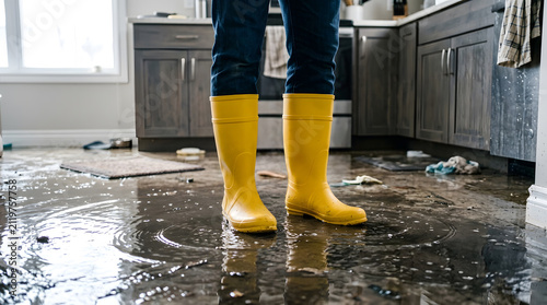 flooded kitchen home disaster | water damage restoration service | person wearing yellow rain boots in flood | indoor residential flooding emergency