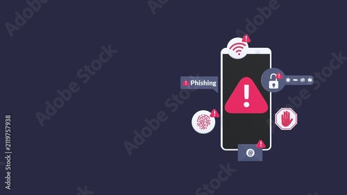 Phishing scam alert animation with copy space, illustrating cyber threats, online fraud, and data security risks. Suitable for cybersecurity awareness, digital protection, and technology content.