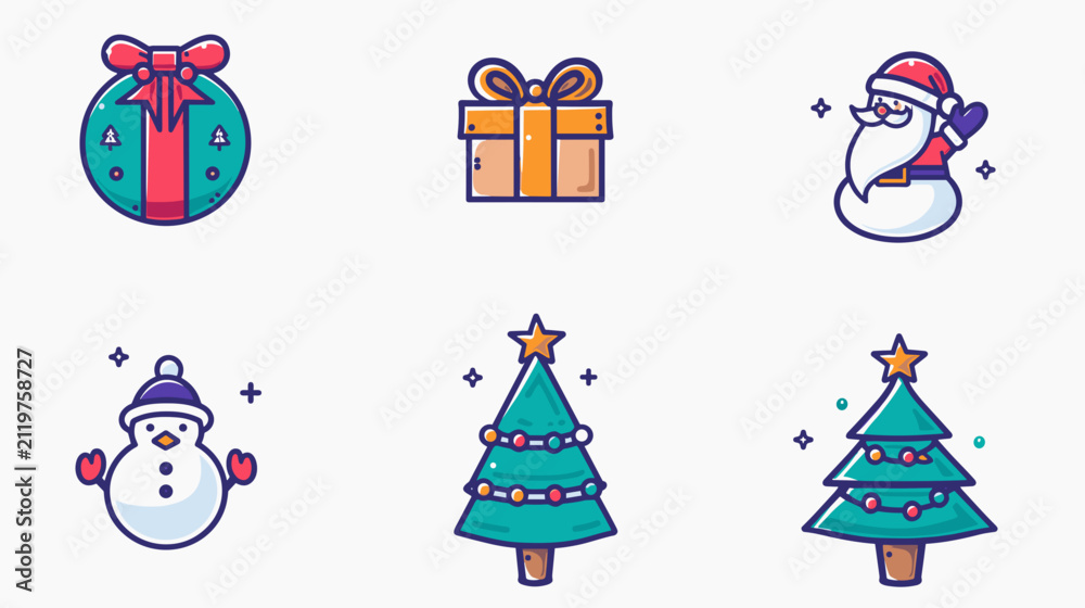 Naklejka premium Set Of Festive Holiday Icons With Wrapped Gifts Red-Hatted Bearded Character Snowman And Christmas