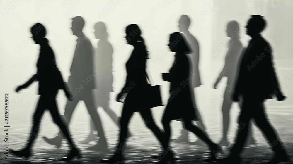 Obraz premium Blurred silhouette of walking people representing urban lifestyle and daily commuter movement