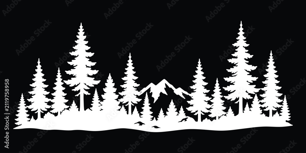Obraz premium Pine tree forest, black silhouette, evergreen trees, landscape icon