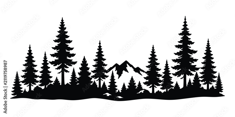 Fototapeta premium Pine tree forest, black silhouette, evergreen trees, landscape icon