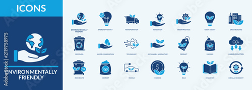Environmentally friendly icon set. Thin flat blue Set contains such Icons as carbon reduction, zero waste, compost and more. Simple web icons set