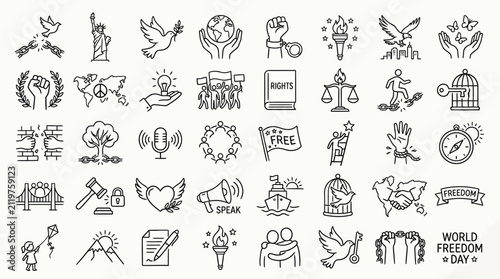 Bild auf Leinwand A comprehensive collection of line art icons representing various aspects of freedom, human rights, and global unity, suitable for educational or advocacy materials