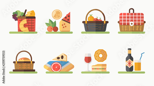 Bild auf Leinwand Variety Of Colorful Food Baskets Featuring Fruits Cheeses Desserts And Refreshin
