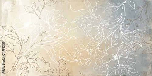 Фотография Elegant floral sketch wallpaper design on a weathered two-tone beige and grey te