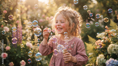 Happy Little Girl Blowing Soap Bubbles in a Sunny Green Park Enjoying Joyful Summer Childhood Fun
